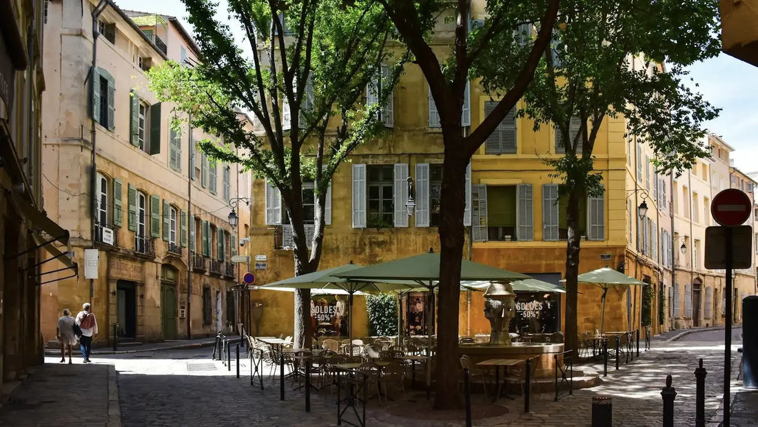 Terrasse de café ombragée dans une rue de Provence — zone exposée au moustique tigre en PACA