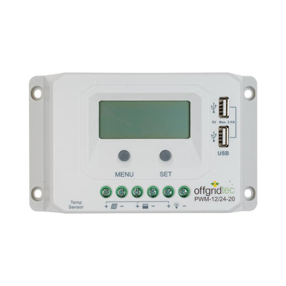 Contrôleur de charge solaire Offgridtec PWM 12V 24V 20A avec écran LCD et ports USB