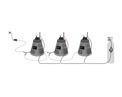Schéma installation réseau 3 pièges BG-Protector Biogents avec câblage et bouteille CO2