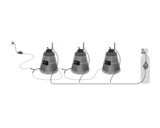 Schéma installation réseau 3 pièges BG-Protector Biogents avec câblage et bouteille CO2